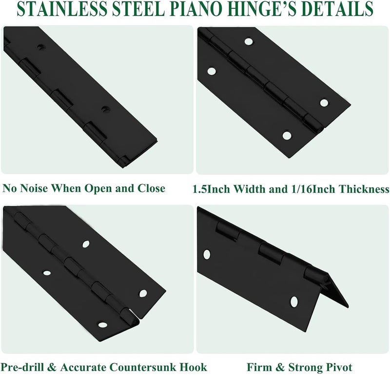EVANCENT 4Pack Heavy Duty Piano Hinge, 2" Open Width x 16" Continuous Hinges, 0.06" Thick Stainless Steel with Holes, Black Furniture Hinges for Cabinet Door Cases Woodworking - Image 3